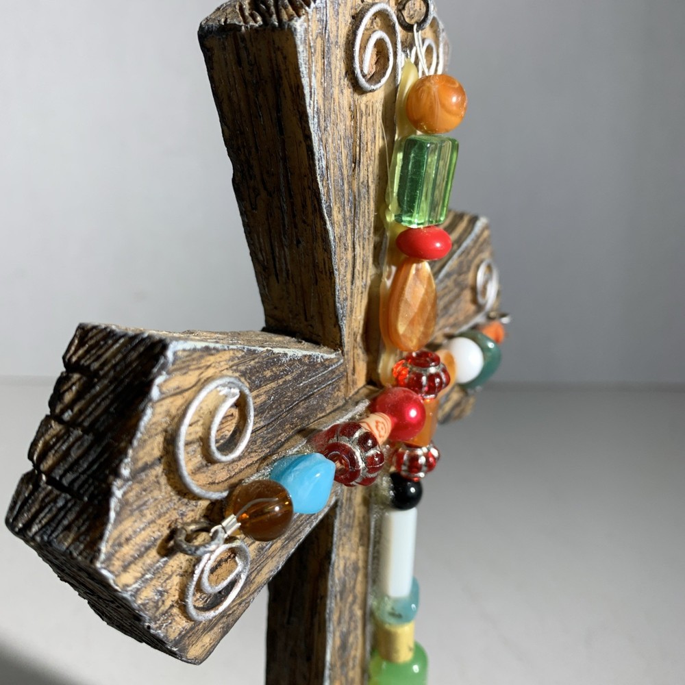 Small Boho Rustic Primitive Style Resin & Beads Standing Decorative Ornate Cross