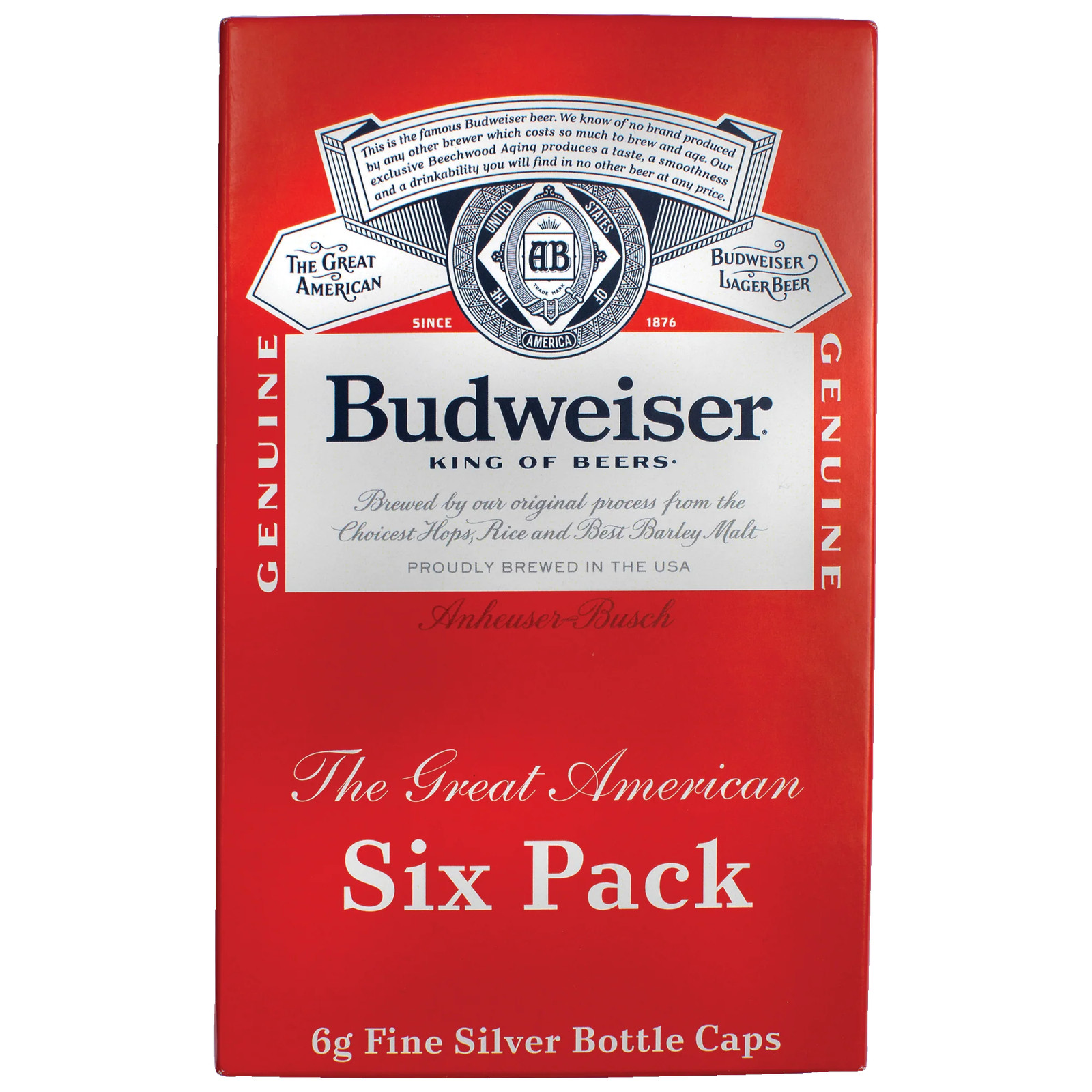 Budweiser Silver Bottle Cap Six Pack with Box - Patriotic