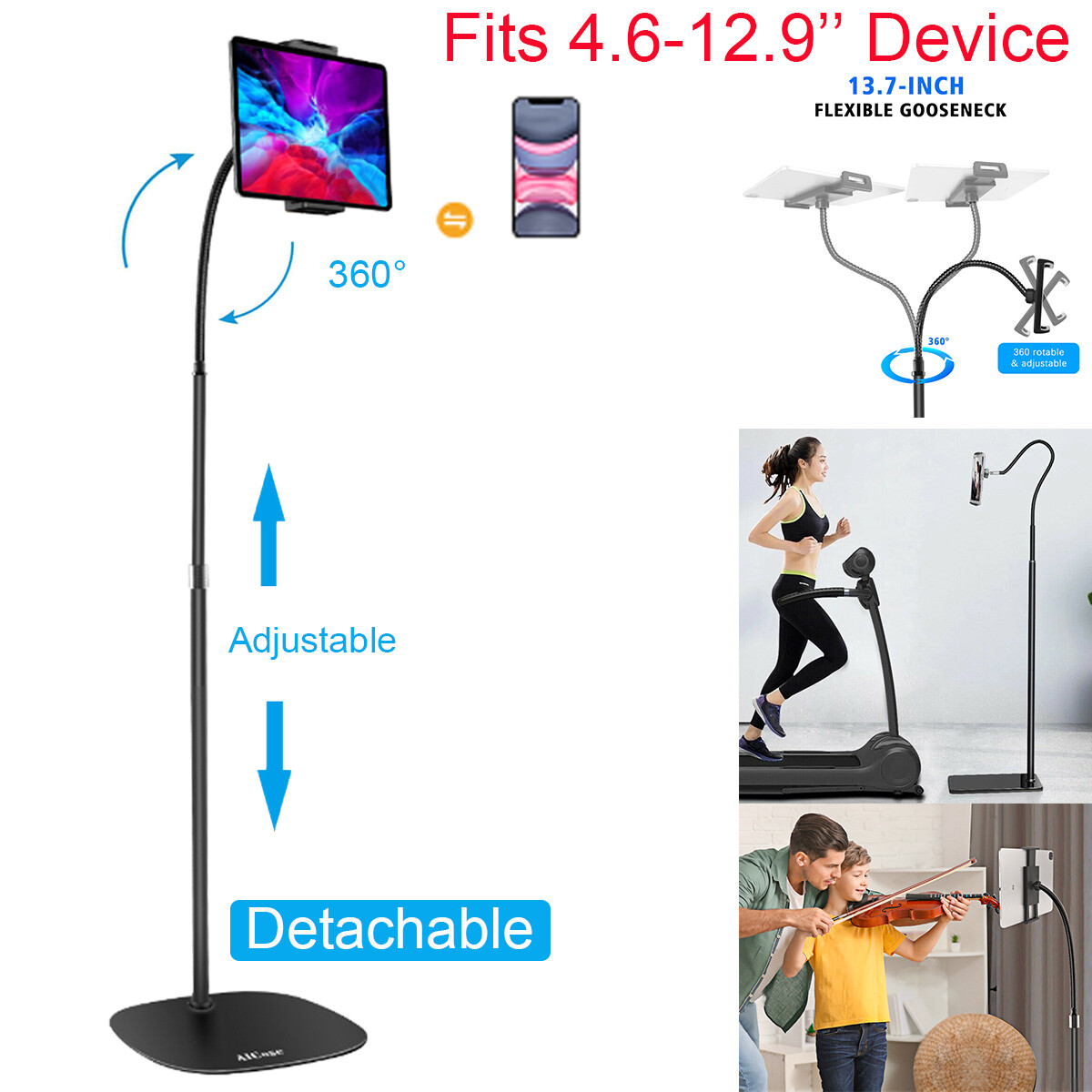 360° Adjustable Height Cell Phone Tablet iPad Gooseneck Holder Mount Floor Stand