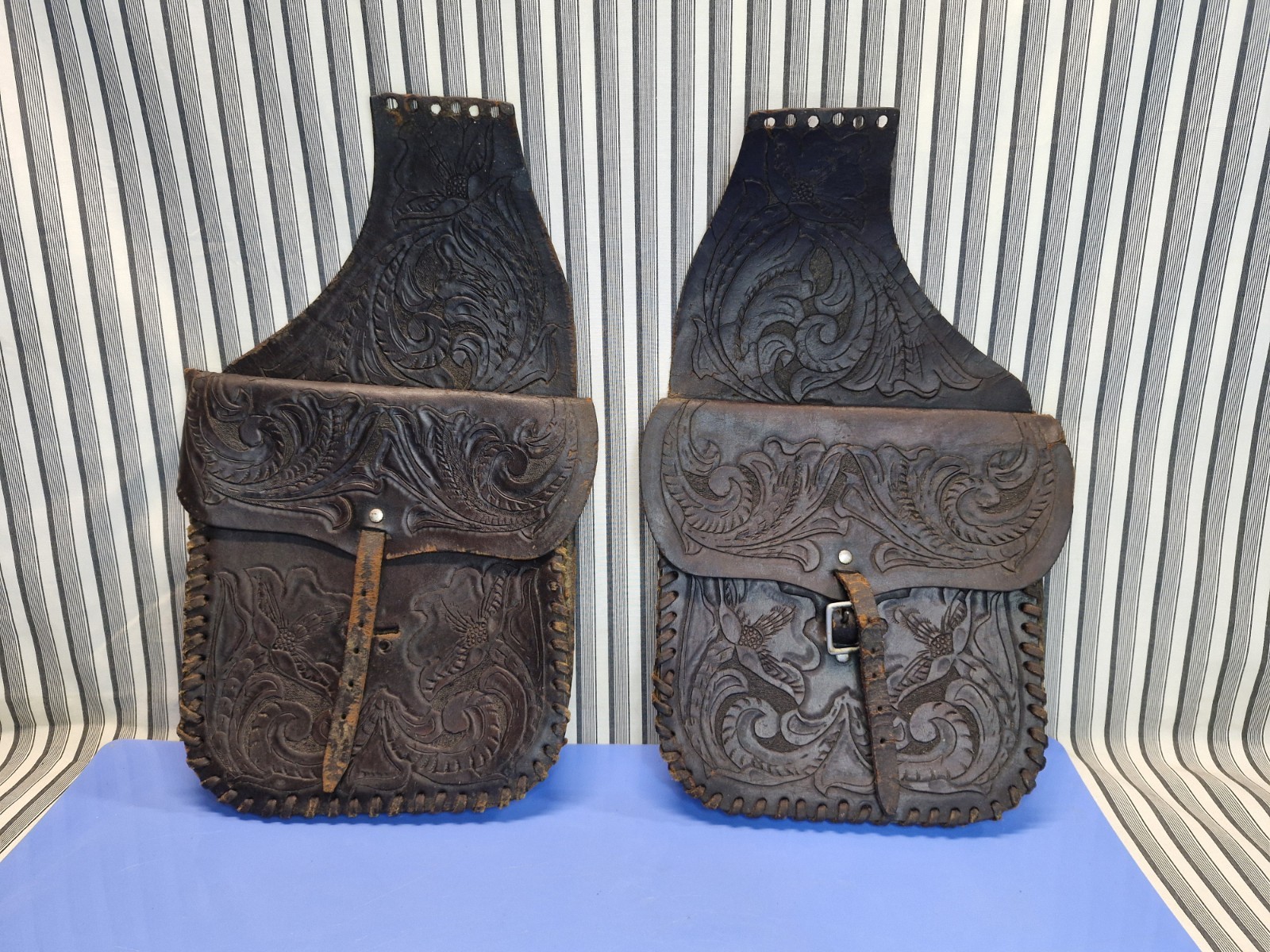 Vintage Tooled Leather Saddle Bags Motorcycle Saddlebag Set Floral Western