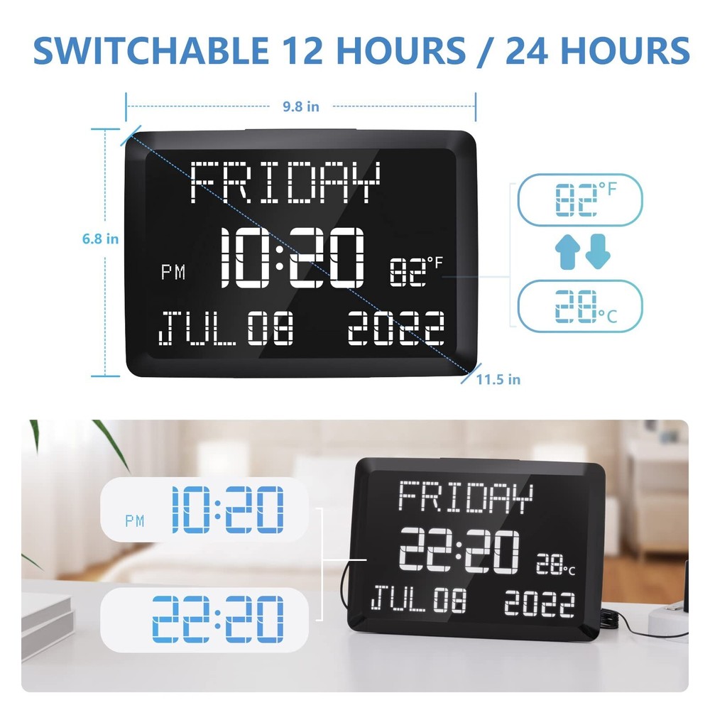 Raynic Digital Clock, 11.5" Large Display Digital Wall Clock,Adjustable Brigh...