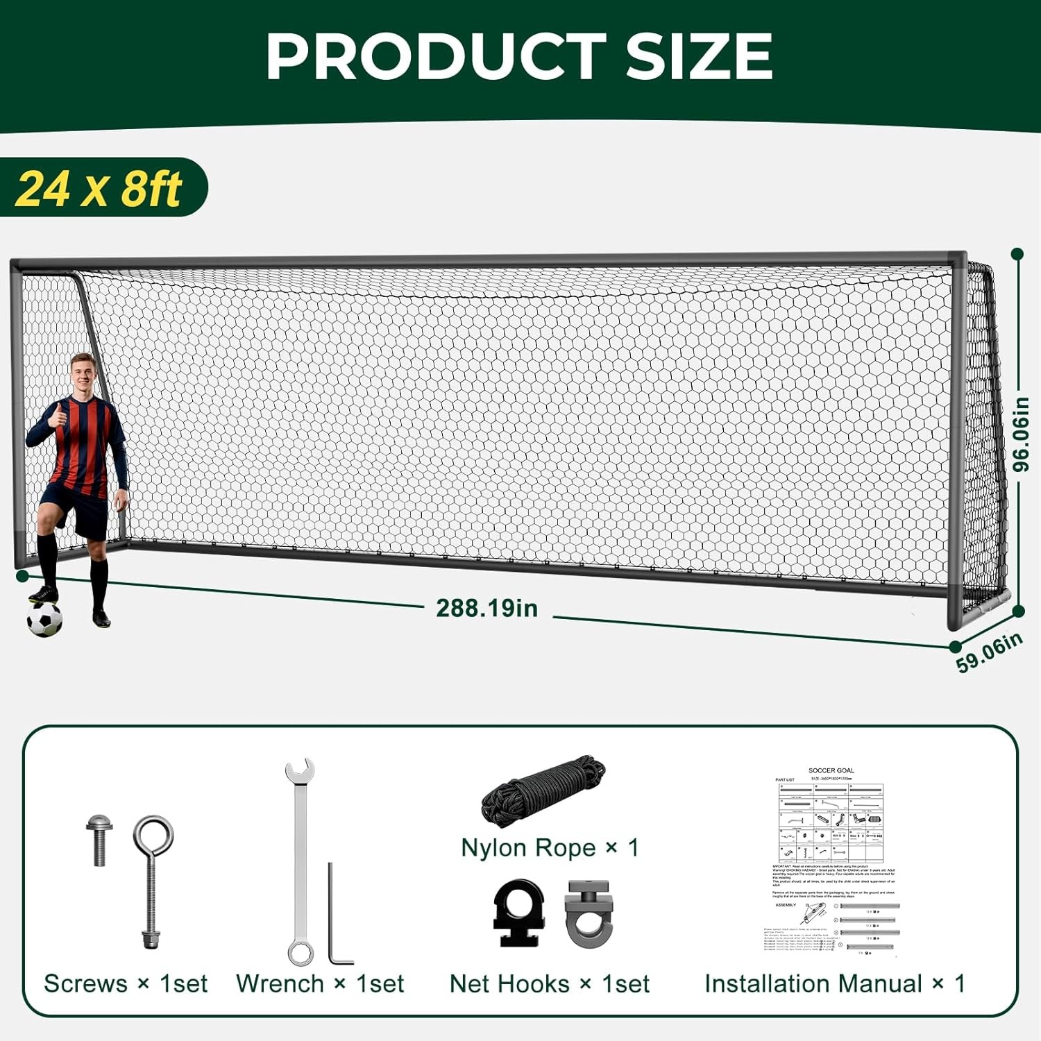 NAIZEA 24x8ft Soccer Goals 2.6" Aluminum Heavy-Duty Soccer Goal For Soccer Clubs