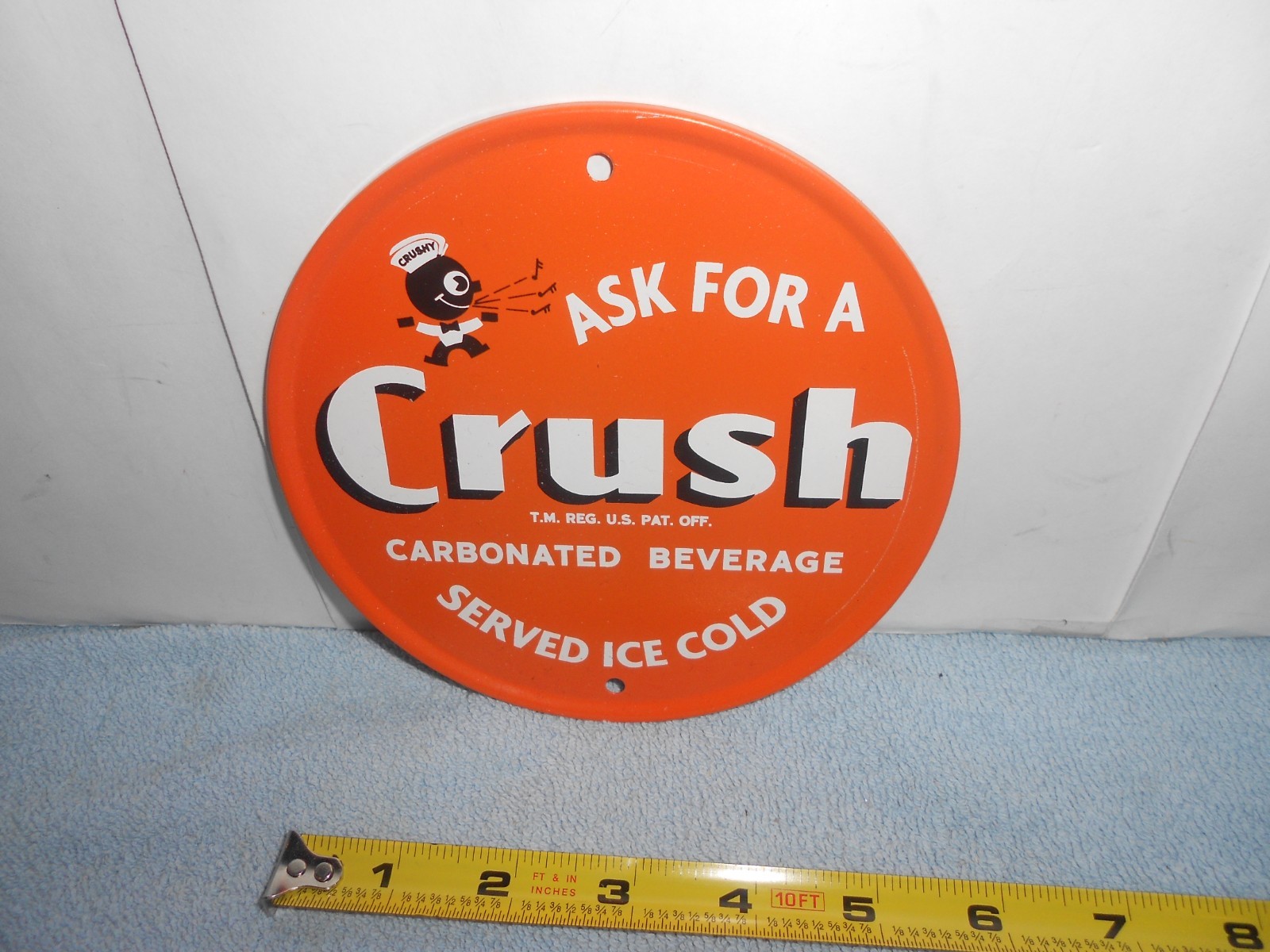 VINTAGE CRUSHY ORANGE CRUSH SODA POP ADVERTISING SIGN EMBOSSED TIN METAL TACKER