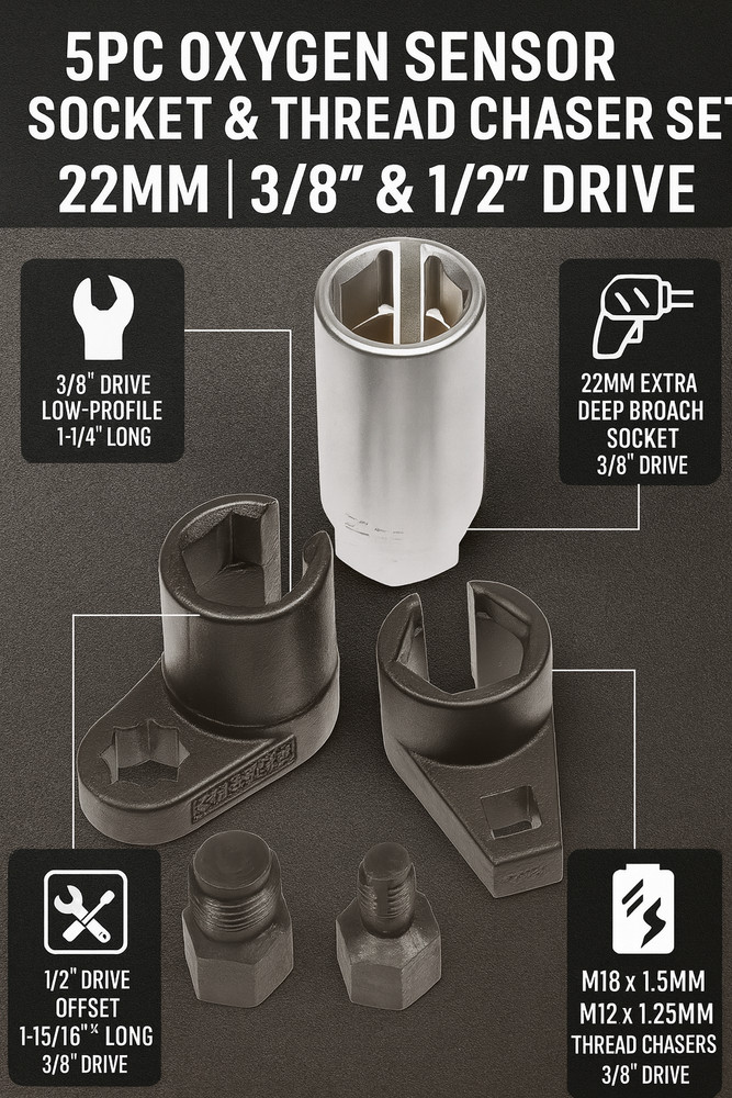 5PC Oxygen Sensor Socket & Thread Chaser Set 22mm Offset & Crowfoot Wrenches