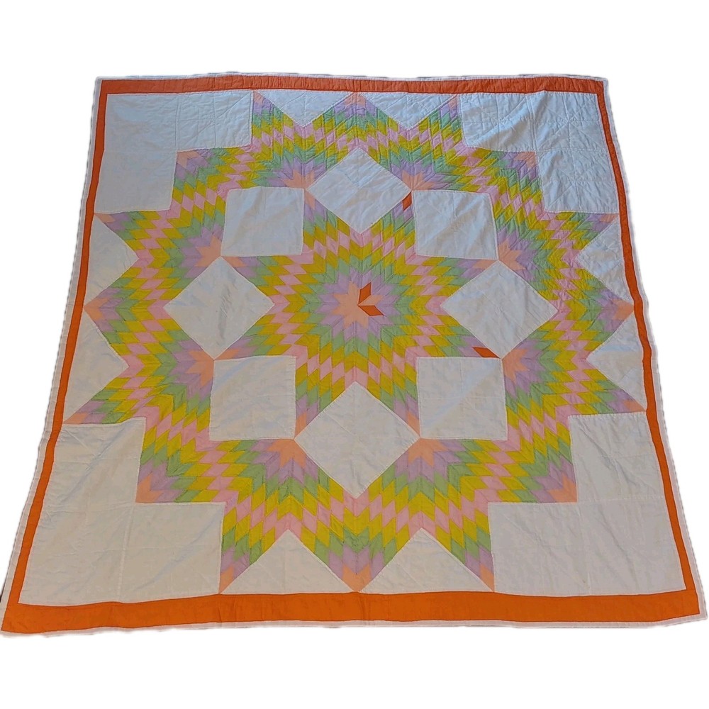 Antique Patchwork Quilt, 78x74, Lonestar Pattern Marked Handmade USA Multicolor