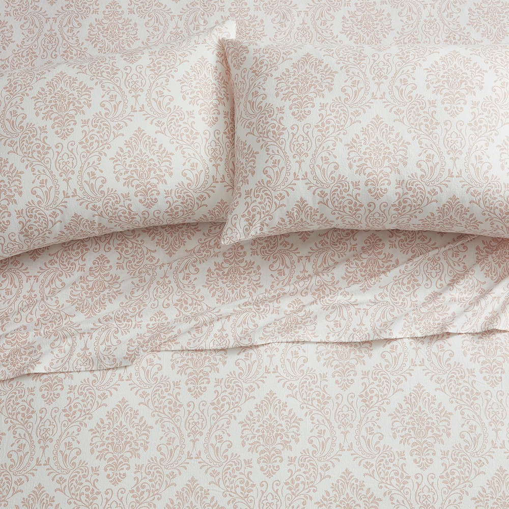 Queen Flannel Sheet Set, Soft Damask Blush Bedding, 4-Piece