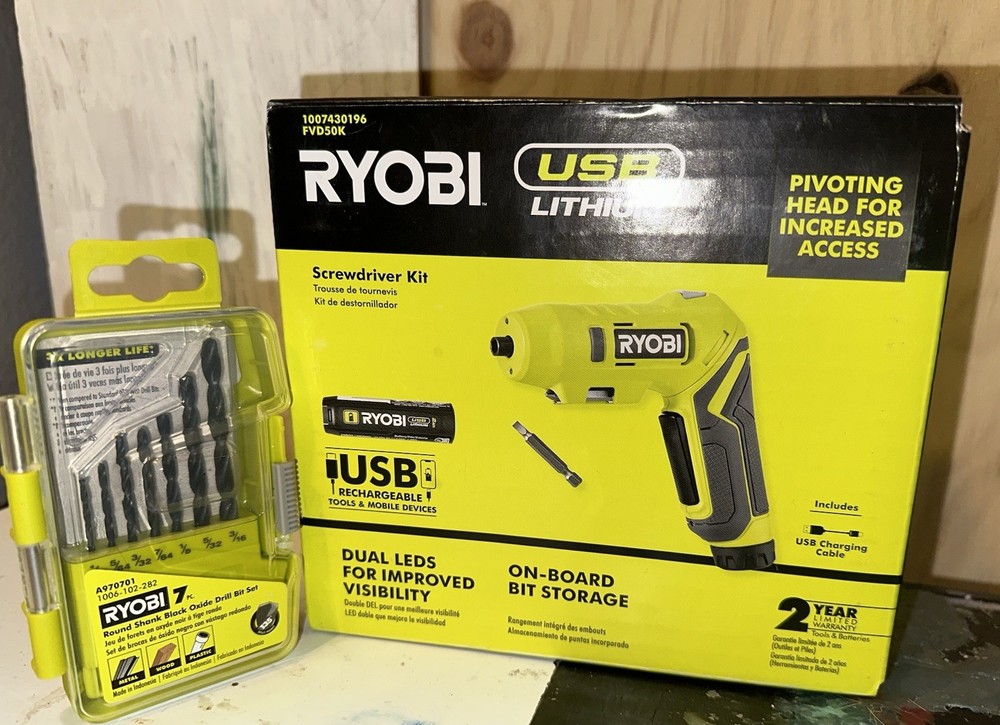 Ryobi Screwdriver Kit, 2.0 Ah USB Lithium Battery, Charging cable,  and Bits