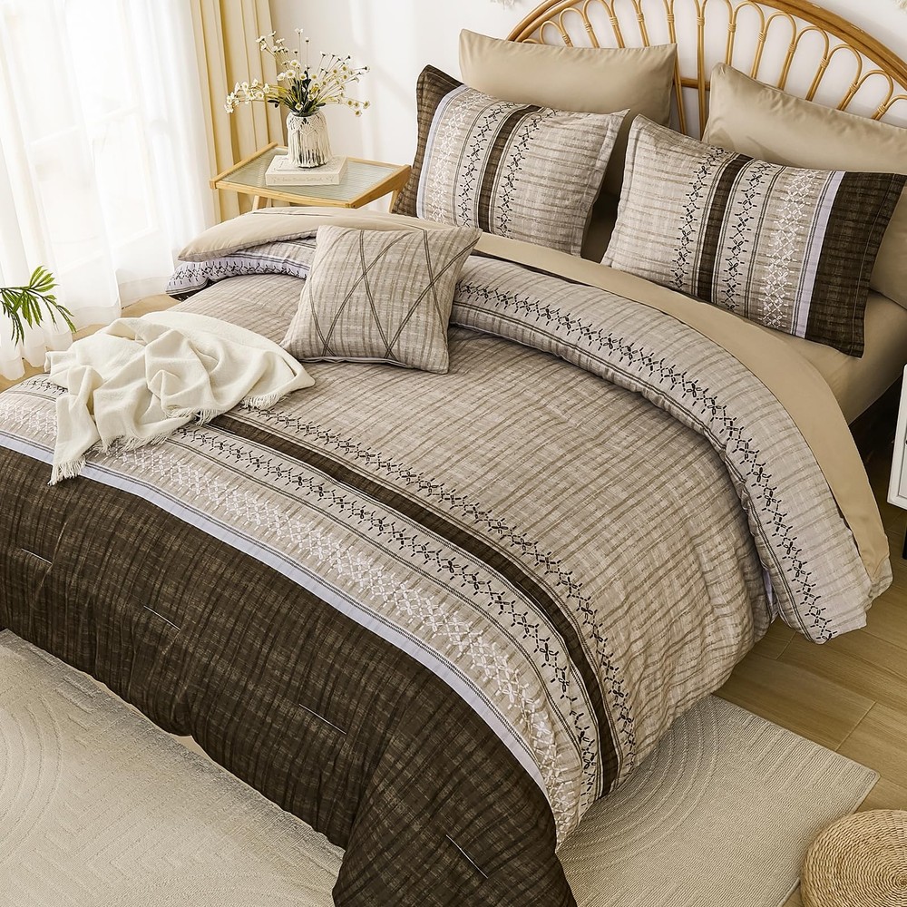 Dintszyayue King Comforter Set 8 Piece Brown Boho Striped Microfiber