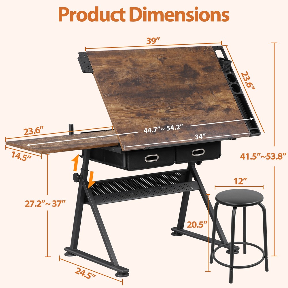 Adjustable Drafting Table & Stool Set Artist Desk with Charging Station Retro