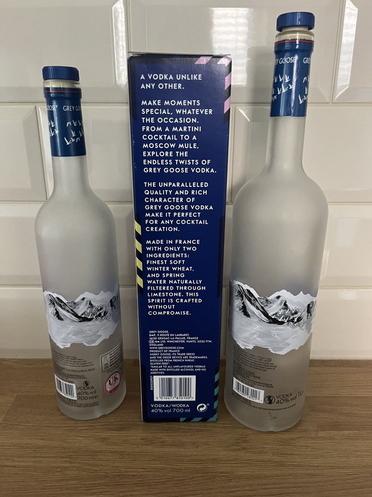 2 x Grey Goose EMPTY BOTTLES - 70cl & 1L plus 70cl box