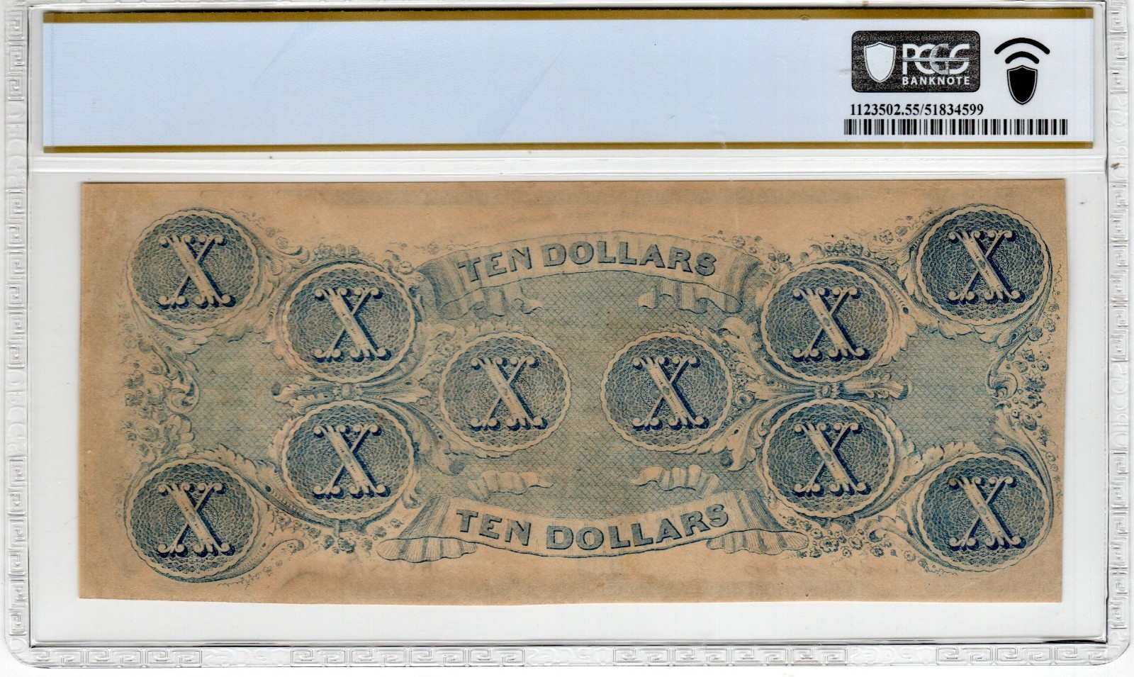 T-59 PF-19 1863 $10 Confederate Paper Money - PCGS-B About Uncirculated 55