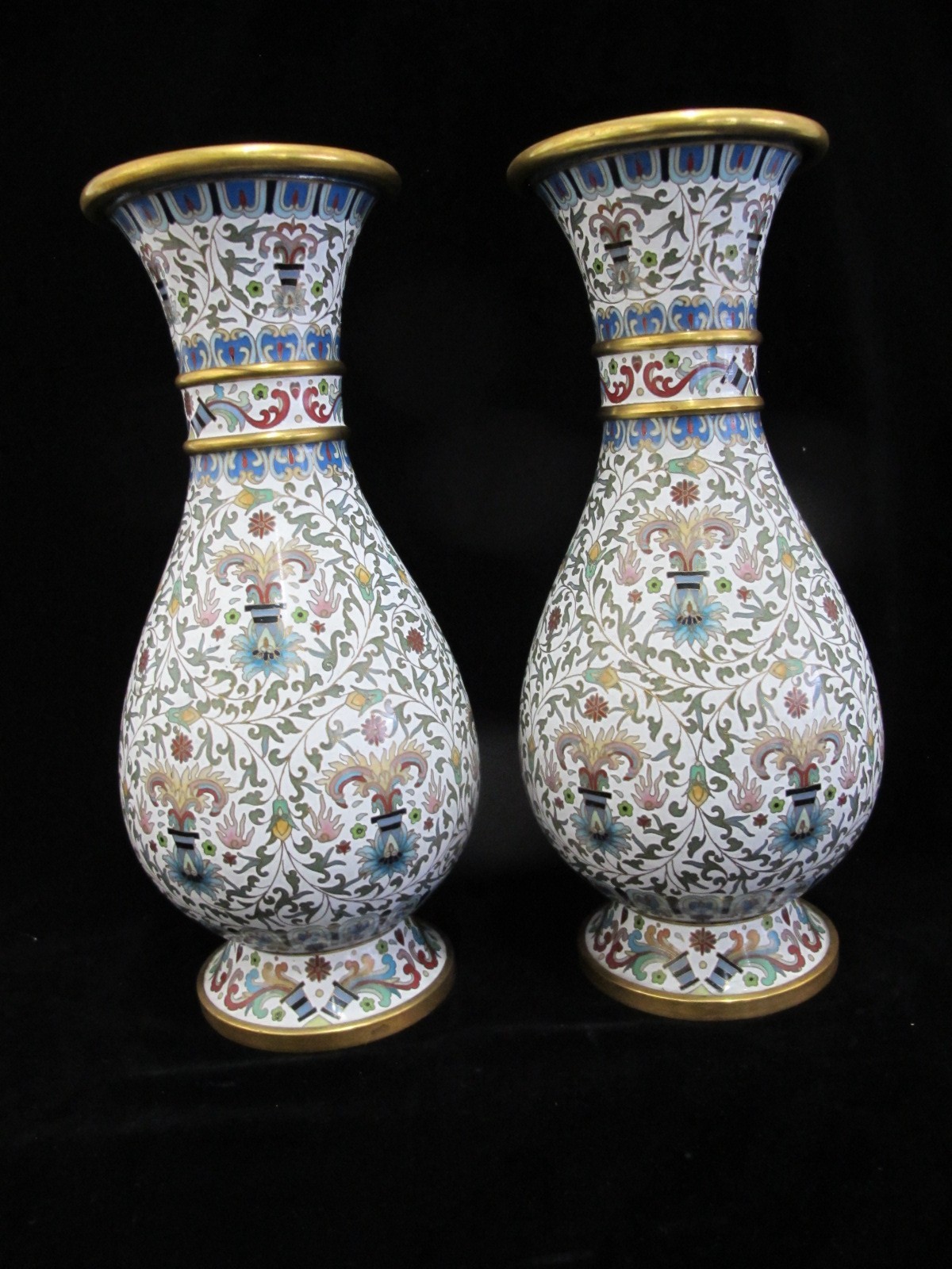 Large CHINESE White Enamel CLOISONNE Colorful FLOWER Vase Pair
