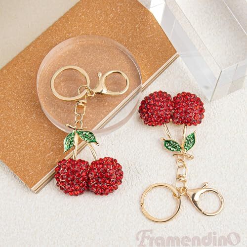 Framendino, 2 Pack Cherry Keychains Rhinestone Cherry Key Chain Crystal