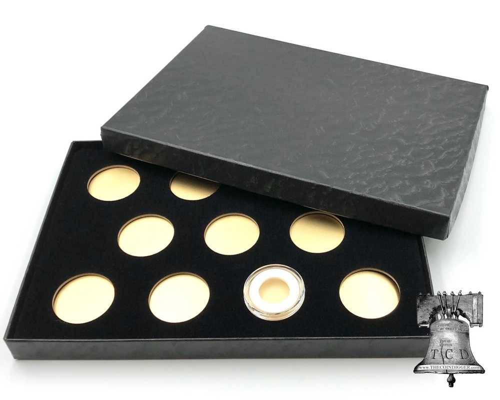 Air-tite Coin Holder Box Gold Insert White Ring + Model A Storage Capsule Case