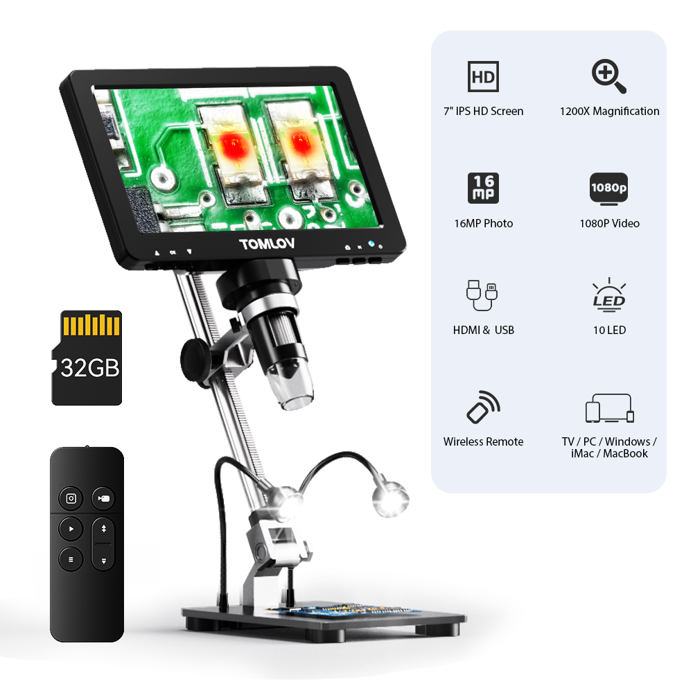TOMLOV DM9 Pro 7" HDMI Digital Microscope Camera 1200X Coin Microscope Recorder