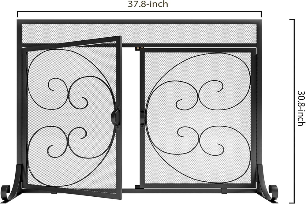 Flat Fireplace Screen Hinged Doors Handcrafted Wrought Iron Classical Scroll