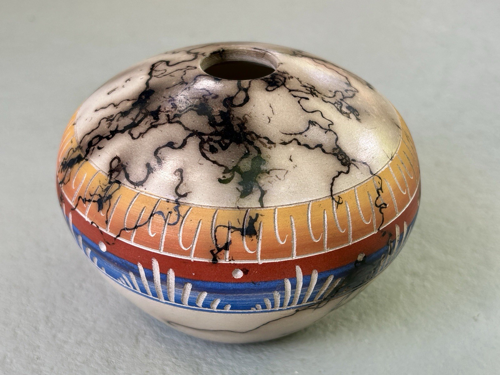 BH Pike Navajo Horse Hair Etchware Seed Pot 3″ x 4″ Signed 1990s Vintage