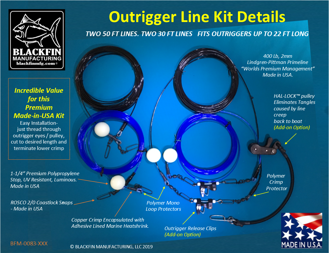 Outrigger Rigging Kit - Pre-rigged Four Mono Lines - Add Clips, Hal-Lock Pulleys