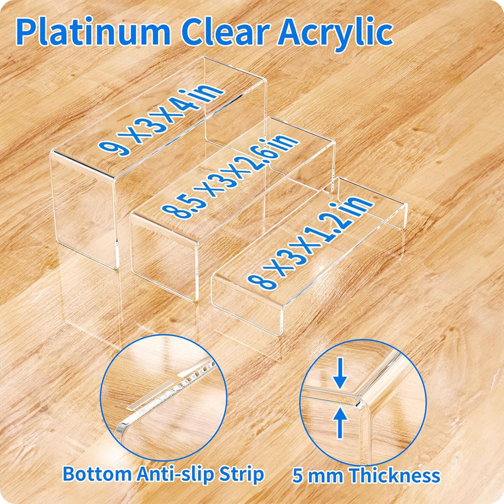 Acrylic Display Riser, 3 Pcs 9" Large Acrylic Risers, Clear Rectangular Stands f