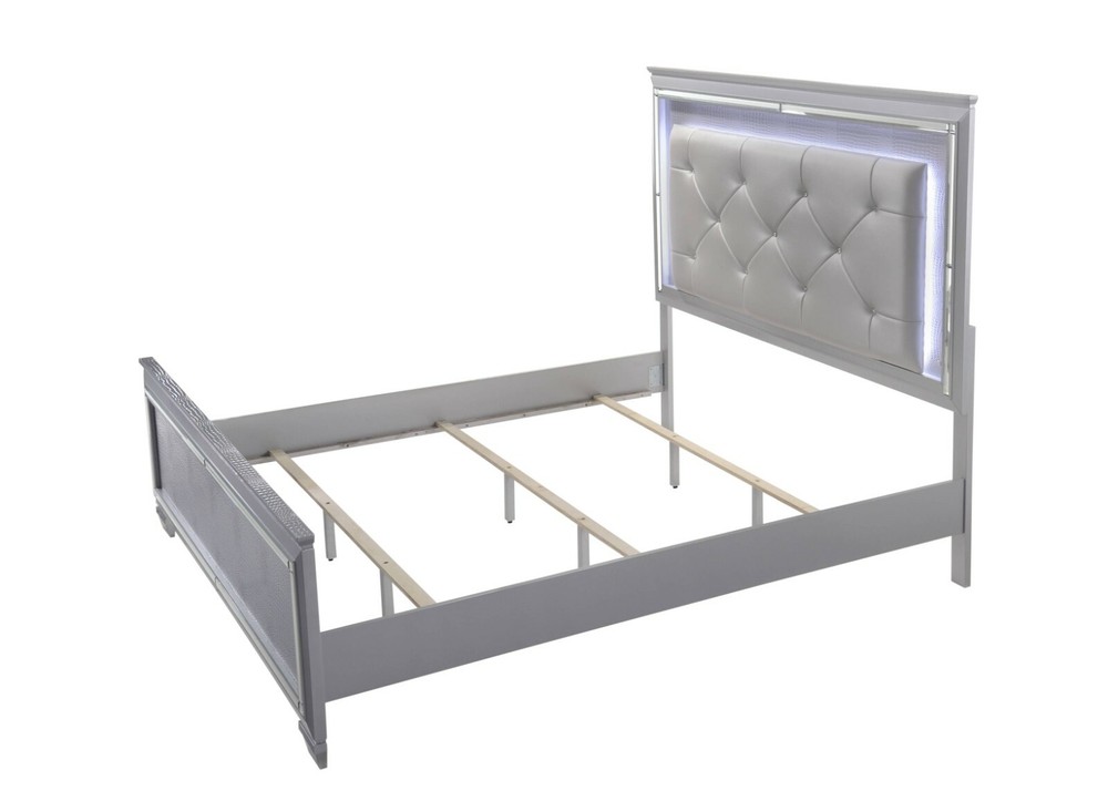 4pc Modern Beautiful Queen Size LED Upholstered Bed Set Silver Crocodile Finish