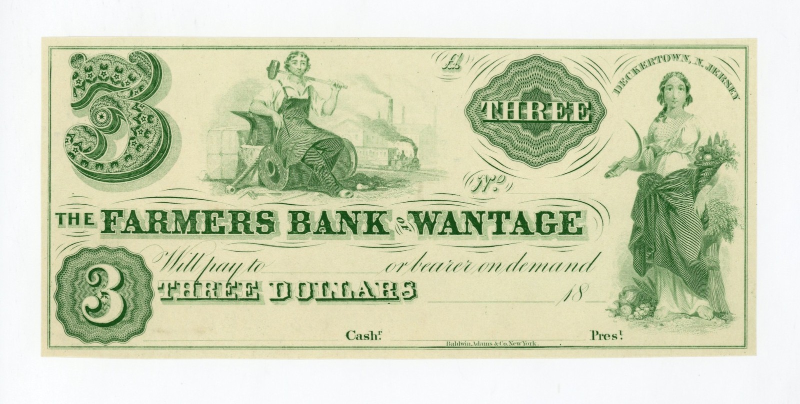 1800's $3 The Farmers Bank of Wantage - NEW JERSEY *Reprint PROOF* Note UNC