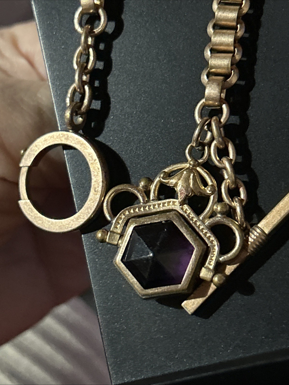 Victorian Rose Gold Fill Purple Watch Fob Spinner Book Link Chain Large Ring