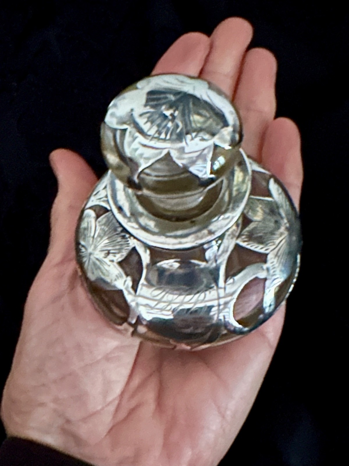 Antique Art Nouveau Sterling Silver Overlay Clear Glass Scent/Perfume Bottle