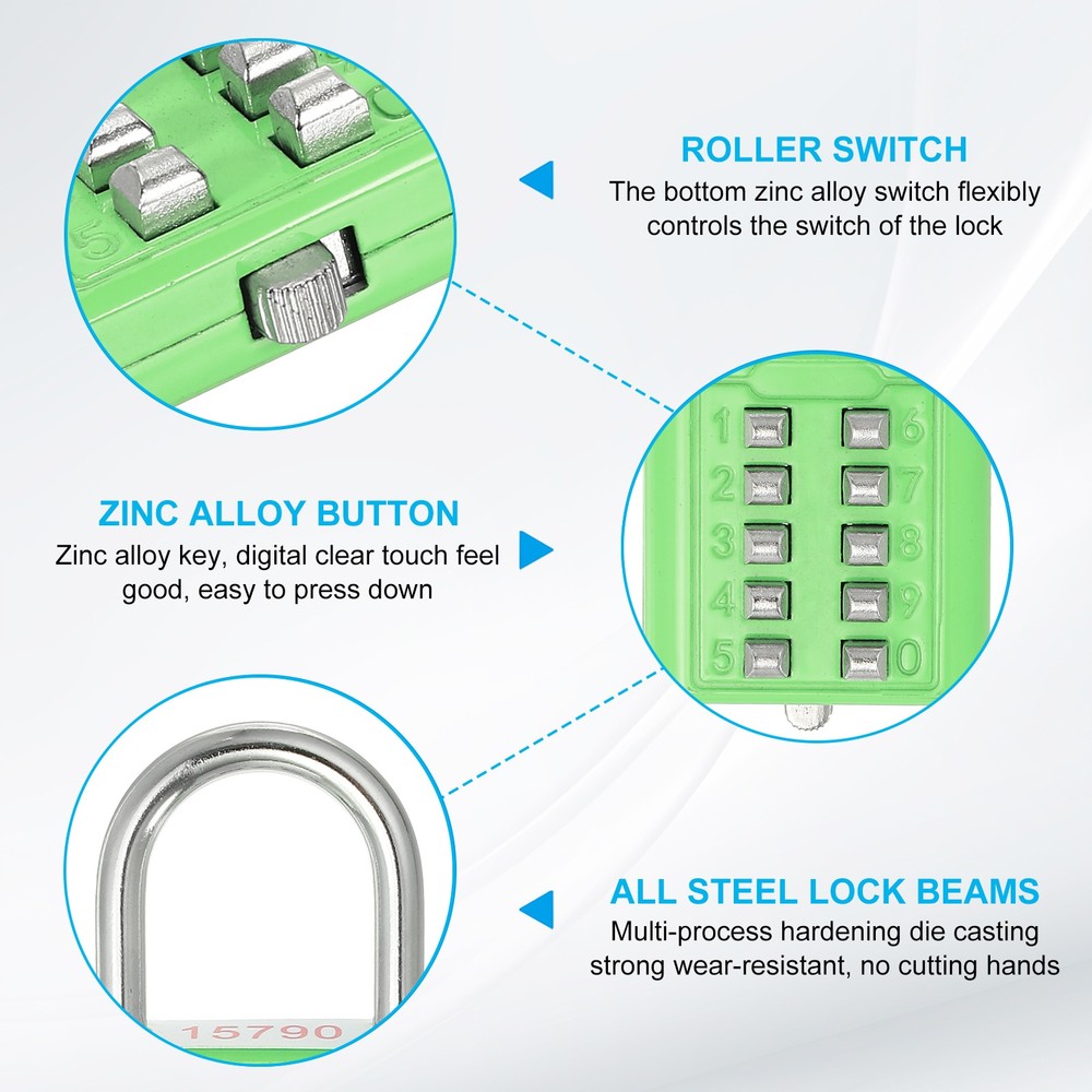 10 Digit Button Combination Padlock 5 Position Locking Mechanism Lock Green