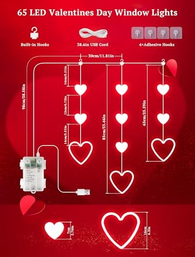 Valentine's Day Window Lights, Battery/USB Powered with Timer, 5FT 65LED 3