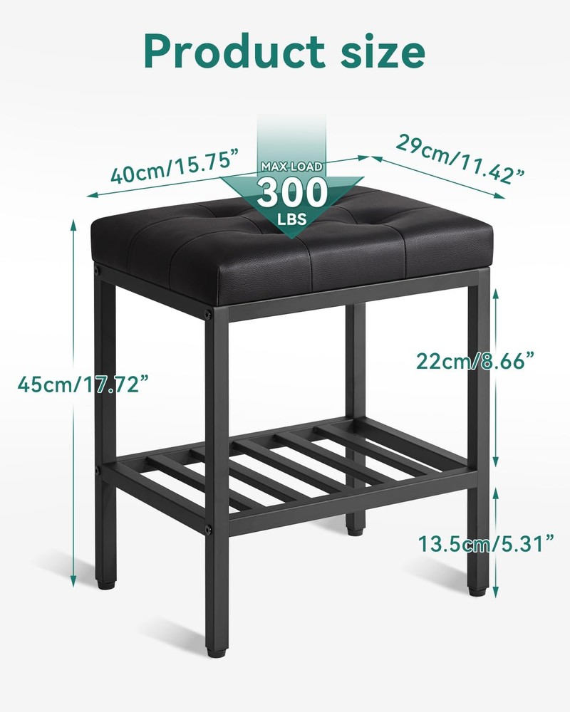 Rectangular Makeup Stool Adjustable Feet Storage Space PU Vanity Seat Black