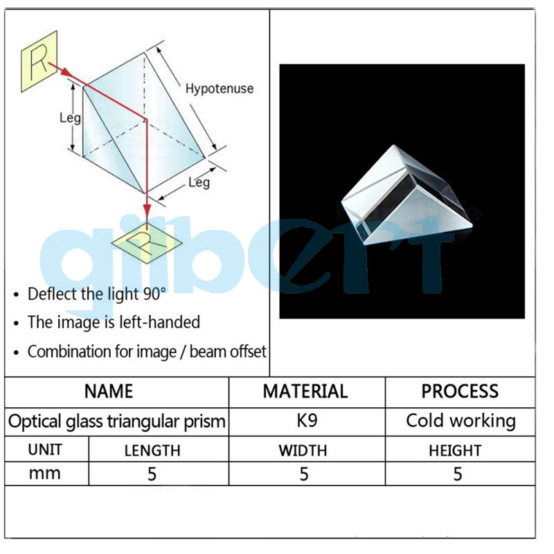 5x5x5mm Optical Glass Triangular Right Angle K9 Prisms Lens