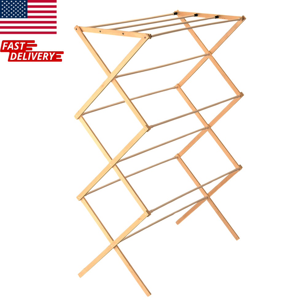 Folding Clothes Drying Rack Wooden For Laundry Room Storage Space saving
