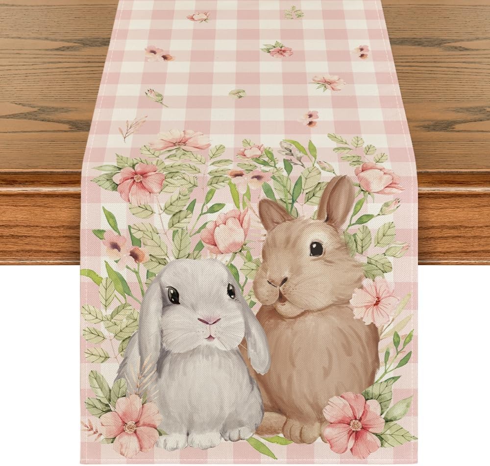 Bunny Rabbit Flowers Leaves Pink Buff Plaid Easter Table