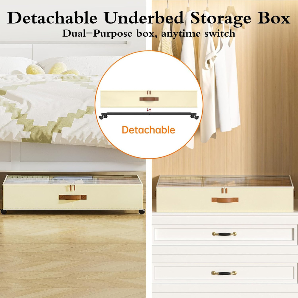 Rolling Under Bed Storage Bins with Wheels, 4 Pack, Adjustable Dividers, Beige