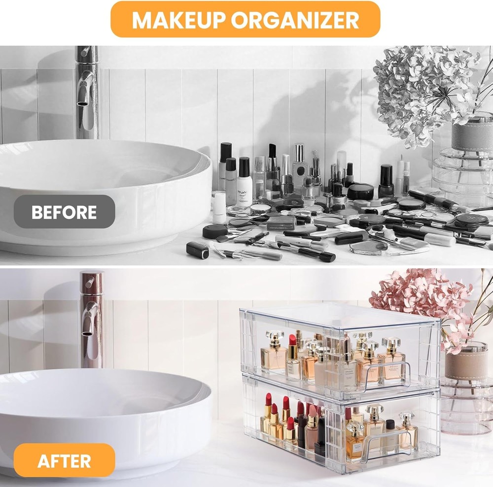 2 Pack Stackable Storage Drawers,Plastic Organizers Bins Drawers Storage W/