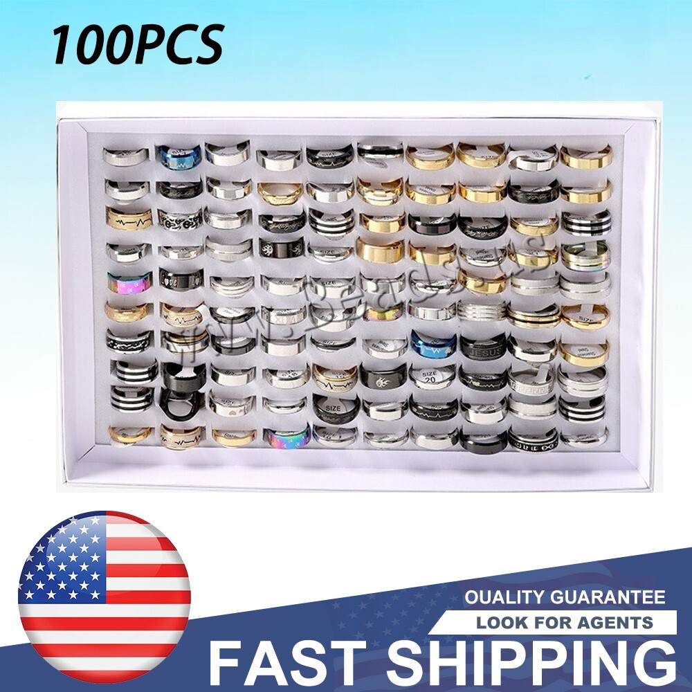 100PCS Stainless Steel Rings Bulk Lot Men's Fashion Jewelry Ring Wholesale Mixed