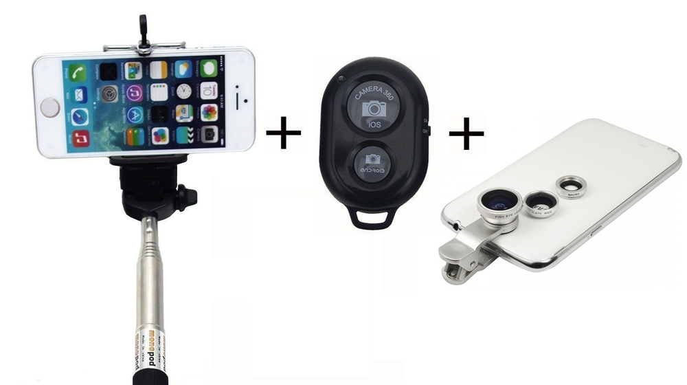 SELFIE STICK + BLUETOOTH REMOTE CAMERA SHUTTER BUNDLE