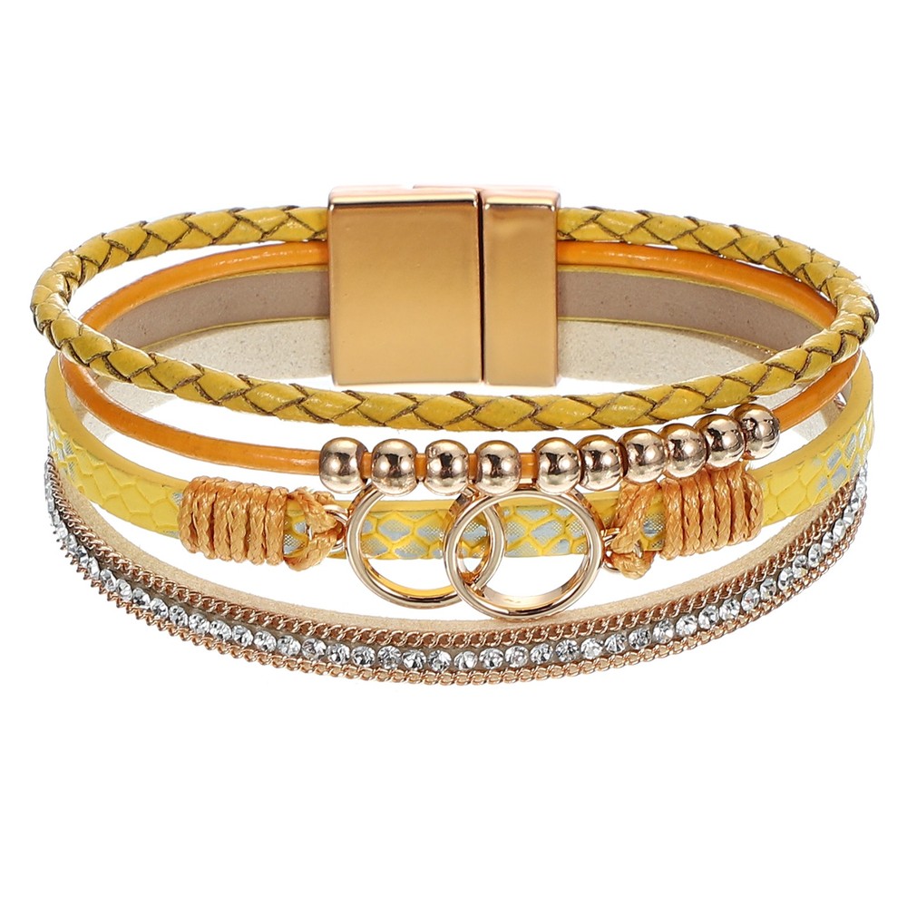 Leather Wrap Bracelets, Hand Woven Multilayer Stackable Boho, Yellow