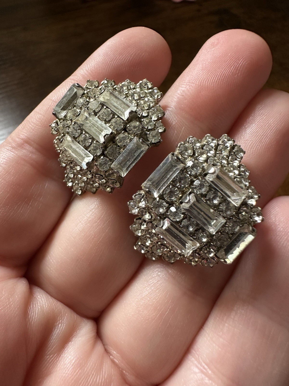 Vintage 1990s LORD & TAYLOR Clear Rhinestone Clip On Earrings Domed Shape