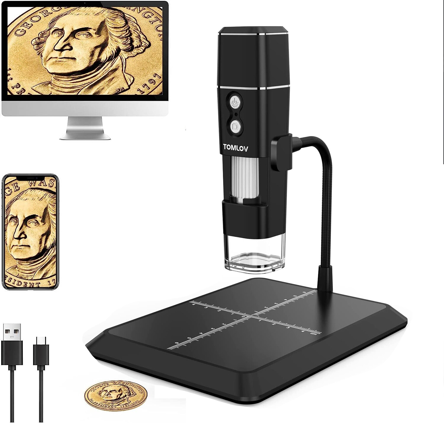 TOMLOV Digital Microscope Coin Microscope 50-1000X Magnification Handheld USB