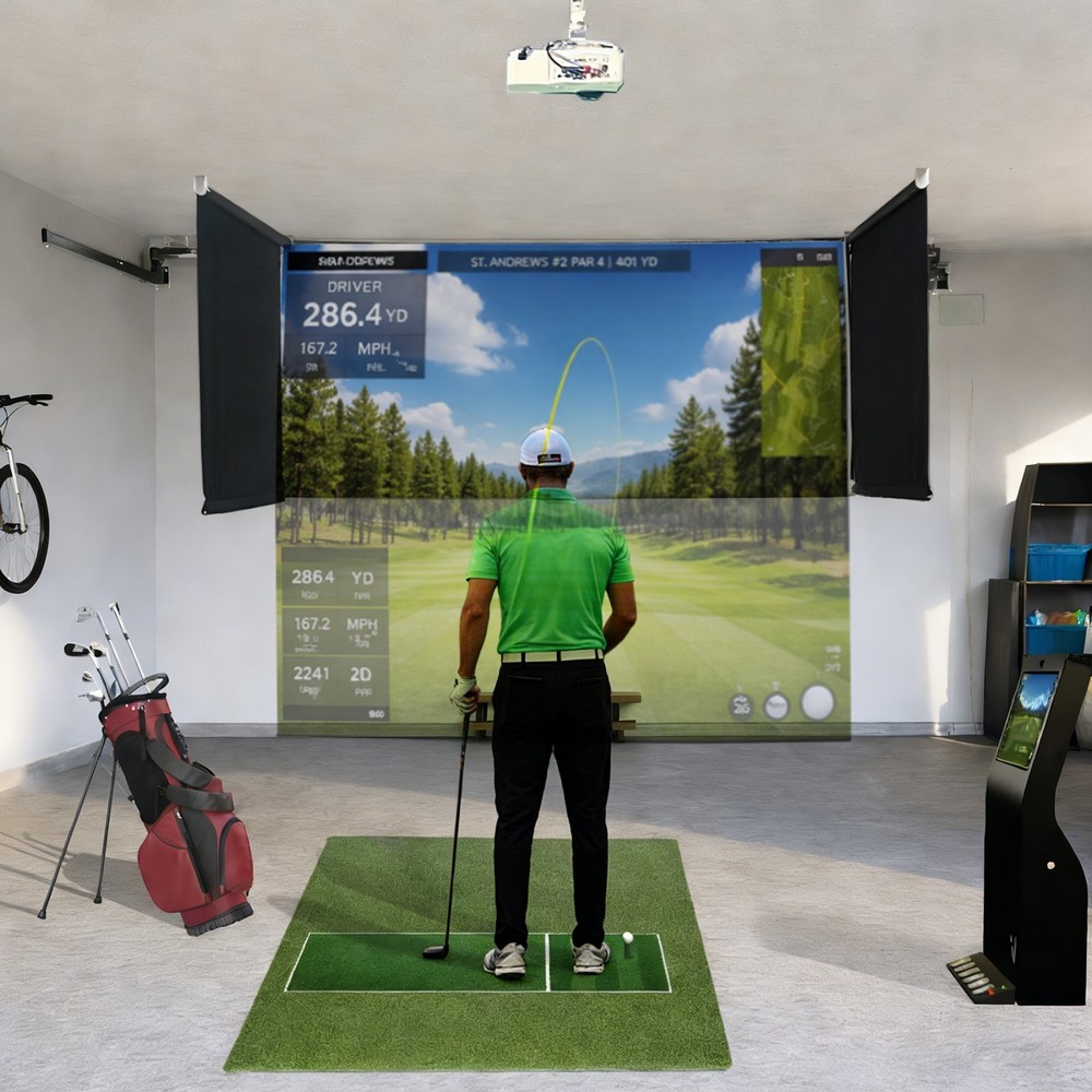 Motorized Golf Simulator Screen Enclosure for Garage Ceiling Mounted Retractabe
