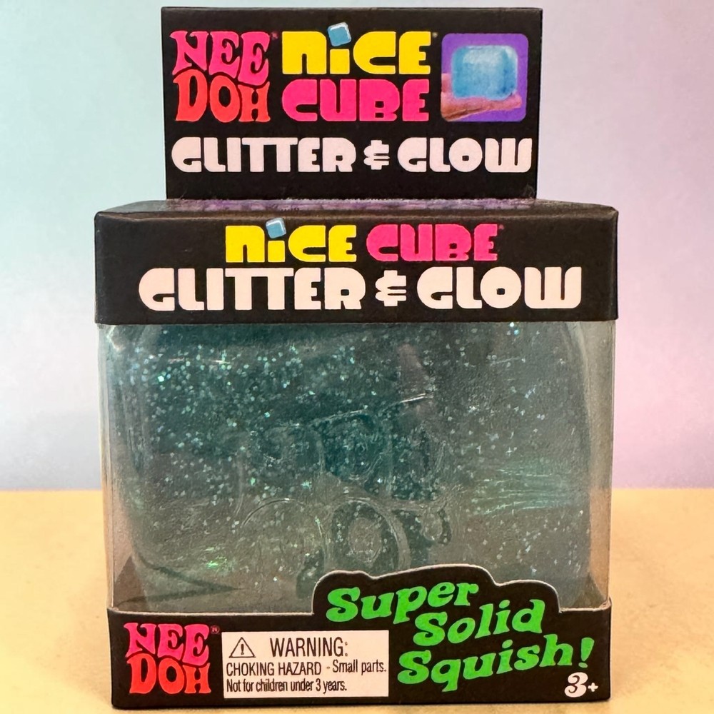 Nee Doh Nice Cube Glitter & Glow Squishy Blue New Sealed Fast Ship Authentic