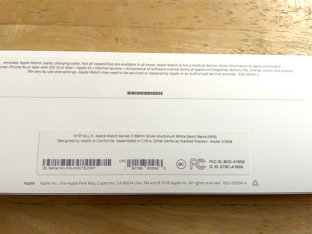 APPLE WATCH Series 3 38mm Silver Model A1858 - EMPTY REPLACEMENT BOX ONLY
