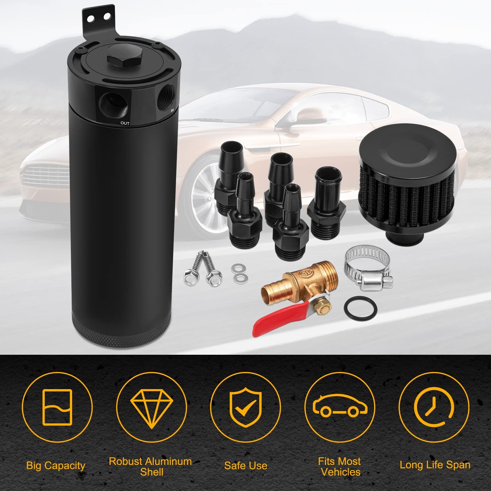 Universal Aluminum Oil Catch Can Kit Reservoir Baffled Tank with Breather Filter