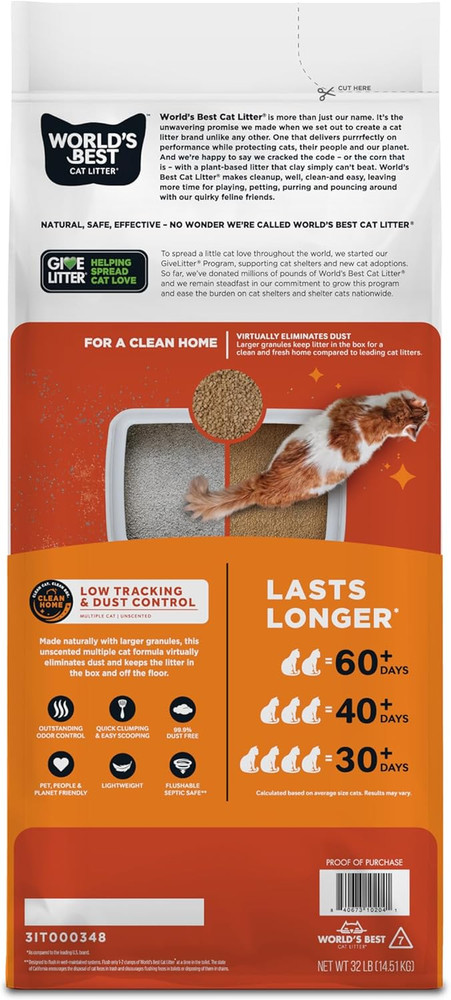 Unscented Cat Litter - Low Tracking, Quick Clumping, Flushable, 32 lbs
