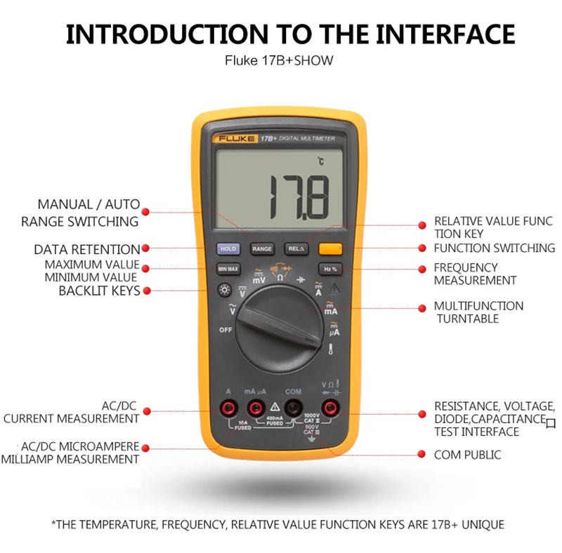 Fluke 17B+ Multimeter Digital Voltmeter Ammete Professional Electrical Testing