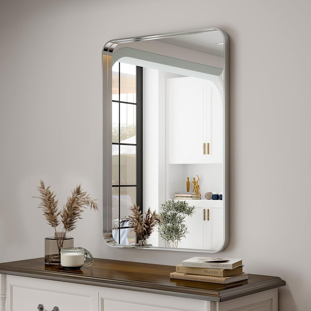Modern Silver Wall Mirror, 30x22 Inch Rectangular Aluminum Frame, Versatile Desi