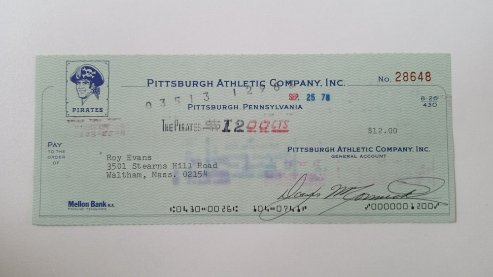Roy Evans: 1978 Pittsburgh Pirates Expense Check