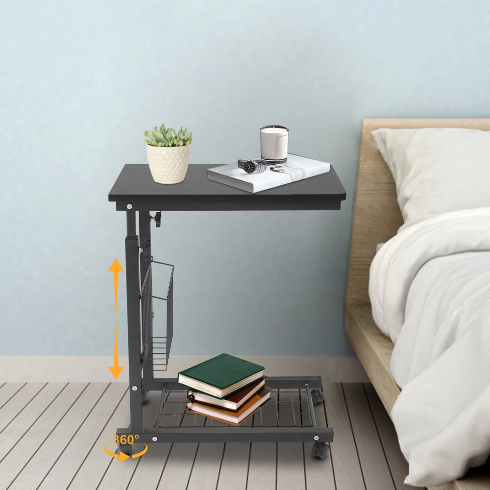 2 Tiers Adjustable Bed Side Table Thickened Mobile Standalone Table w/ Wheels