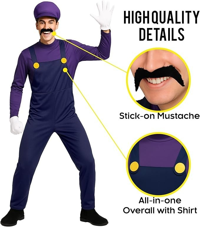 Adult Super Mario Brothers Waluigi Costume Men`s Purple Plumber + Hat Mustache